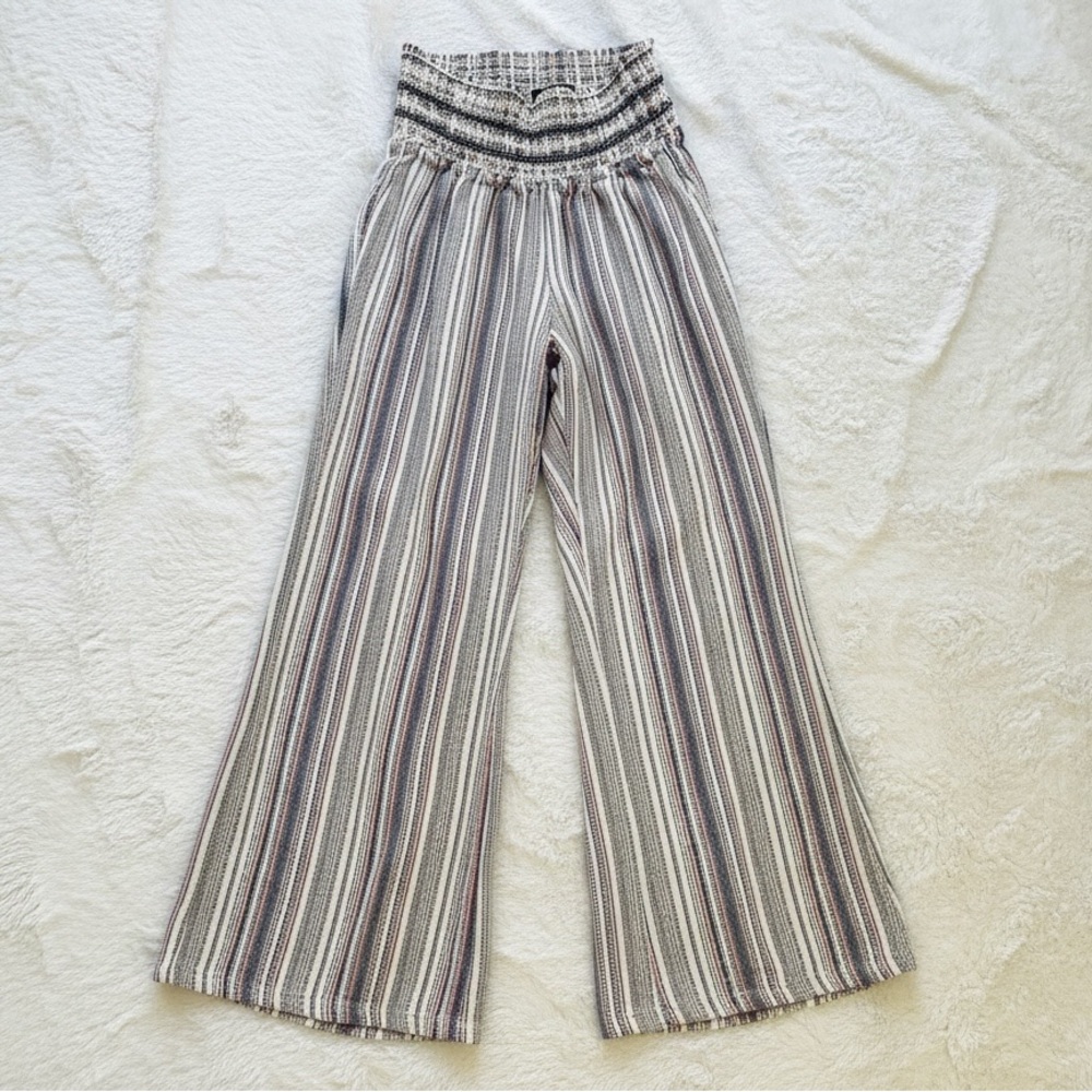 Rewash Brand Wide-Leg Pants Smocked High Waistband Multicolor Striped Pattern